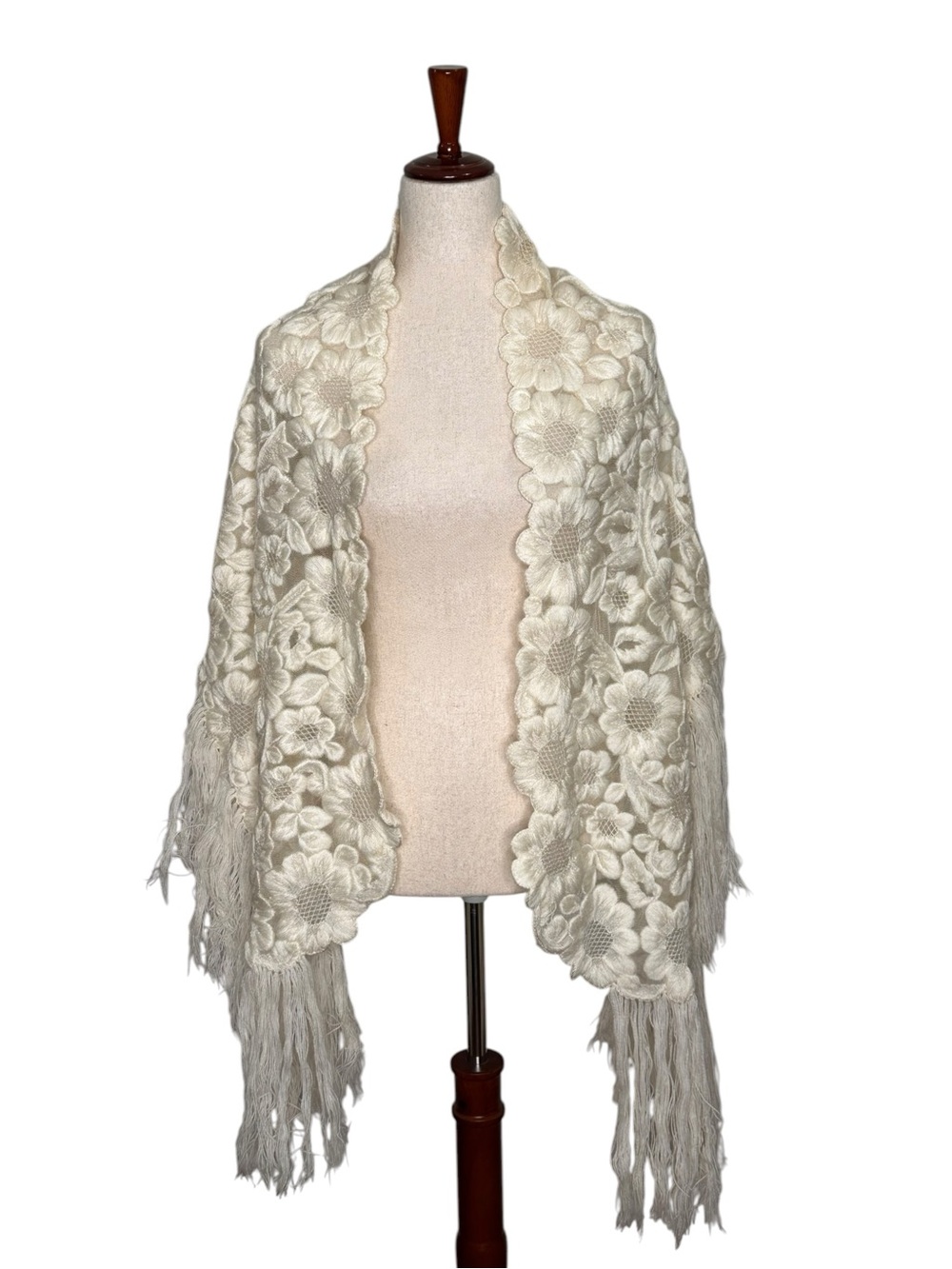 Grandmacore Handcrafted Cream Floral Crochet Shawl with Fringe. Boho. Unique.